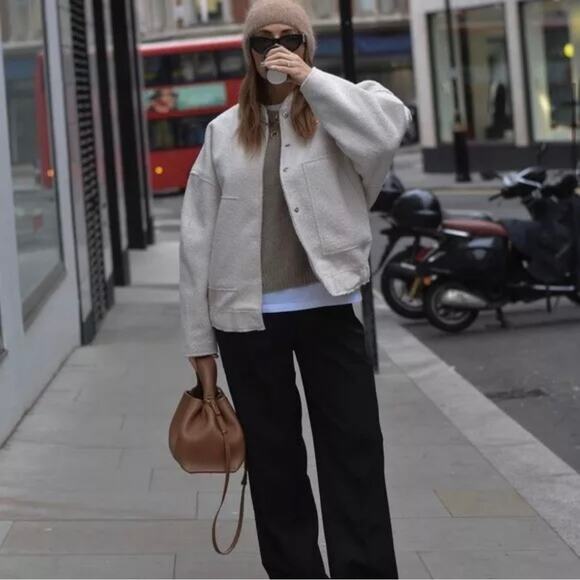 Zara White Fleece Textured Snap Button Up Oversized Bomber Coat Jacket Size M/L - Picture 12 of 16